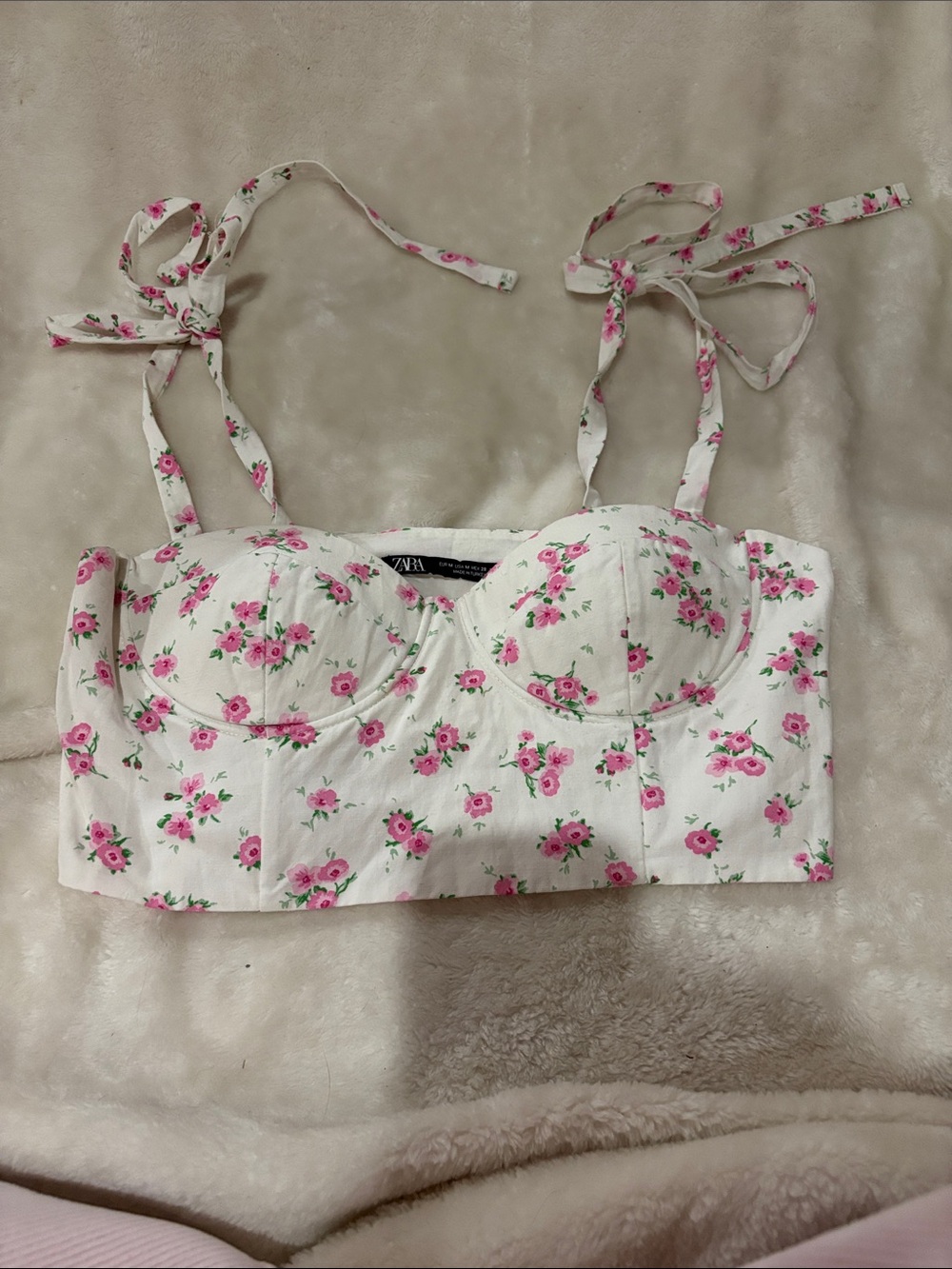 Zara White Bustier Crop Top with Pink Floral Print and Tie Straps